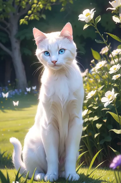 (best quality,4k,8k,highres,masterpiece:1.2),ultra-detailed,realistic,adorable white cat with beautiful blue eyes,natural lighting,soft fur,playful expression,peaceful garden,green grass,beautiful flowers,flying butterflies,gentle breeze,vivid colors,photo...