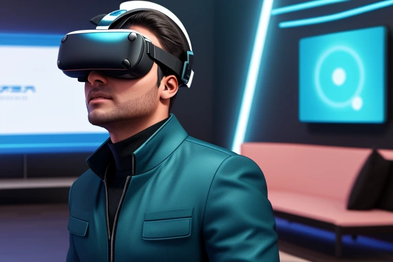 person from the future with virtual reality glasses connected to the metaverse