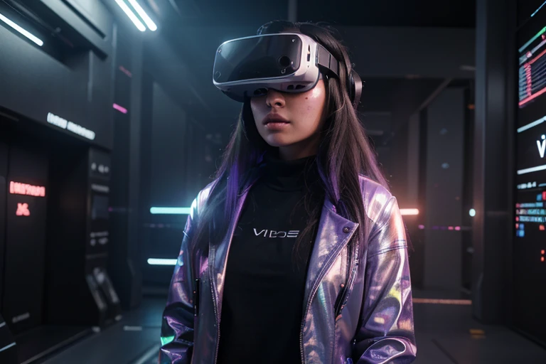 (girl:1.1,future,person,VR glasses:1.1,connected to metaverse:1.1),illustration,detailed,ultra-detailed,realistic:1.37,advanced technology,highres,studio lighting,vibrant colors, futuristic glow, virtual world ambiance, holographic effects