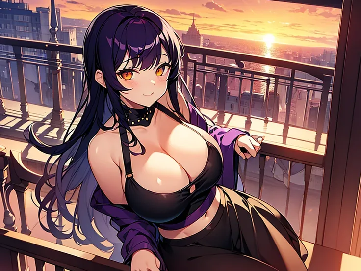 top view, girl, big boobs, cleavage, big hips, messy dark purple hair, orange eyes, balcony, leaning on the railing, sunset