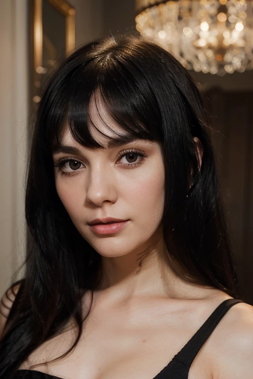 Create a headshot of a beautiful, pale skinned 31-year-old woman with very straight shoulder-length jet black hair. She should also have a fringe. Her hair should not go over her shoulders. her hair should be almost Cleopatra-style. She needs to look capti...