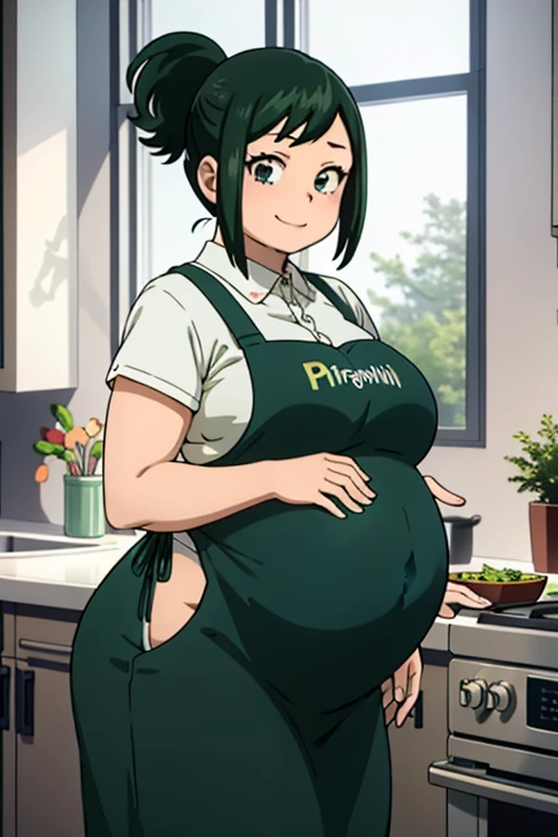 best quality, masterpiece, portrait, 
1girl, midoriya inko, green hair,  short hair, short ponytail, green eyes, large breasts, curvy, plump, pregnant, shirt, apron, indoors, kitchen, looking at viewer, smile,