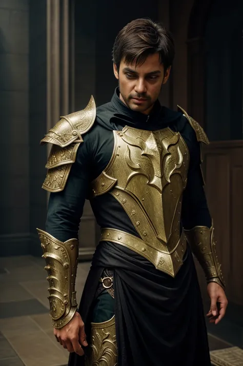 "Man with a commanding presence, clad in intricately detailed dragon armor. The armor is predominantly gray, accentuated with rich green and gold embellishments. The scene is lit with moody, dark lighting, emphasizing hyper-realistic shadows that play acro...