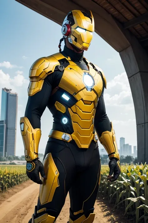 Develop a visual concept for the hero &#39;Corn Man&#39;, a technological figure inspired by the corn cob, with a touch of high technology à la Iron Man.

The Corn Man costume is a futuristic armor comprised of smooth, elegant lines that mimic the natural ...