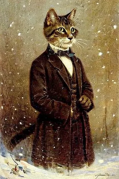 ((masterpiece)) ((best quality)) portrait of a cat on a snow background in Victorian style