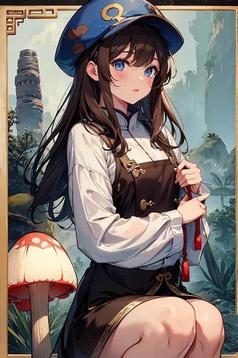 1 girl, brown hair, blue eyes, mushroom hat, wearing chinese han fu, high res, wall paper, ultra sharp, 8k, masterpiece, looking at viewer, zoomed in