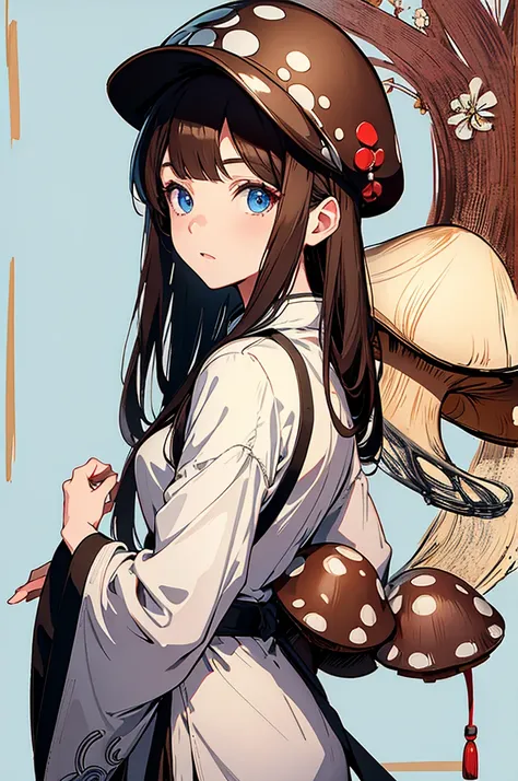 1 girl, brown hair, blue eyes, mushroom hat, wearing chinese han fu, high res, wall paper, ultra sharp, 8k, masterpiece, looking at viewer, zoomed in