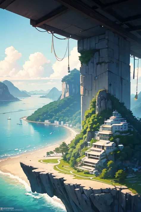 Close-up of an island，There is a boat in the water, Rio de Janeiro in an animated film, beautiful anime scenes, Anime beautiful peaceful scene, 美丽的Anime landscapes, Anime landscapes, Anime landscapes概念艺术, 色彩缤纷的anime movie backgrounds, Anime countryside lan...