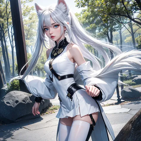 8k, resolution, high quality, high resolution, best quality, best resolution, absurd resolution, ray tracing, high detailed, masterpiece, extremely detailed,shoulder length white hair, female,white 2 wolf ears, teenage girl, slim body, white scale dragon t...