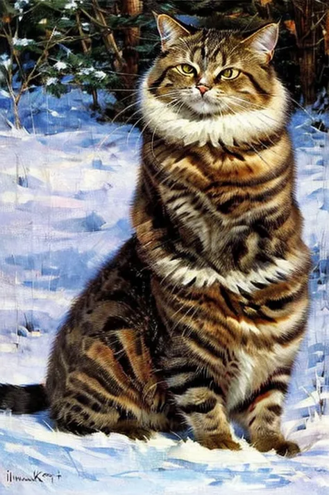 ((masterpiece)) ((best quality)) portrait of a cat on a snow background, in style Ivan Kosmich Makarov