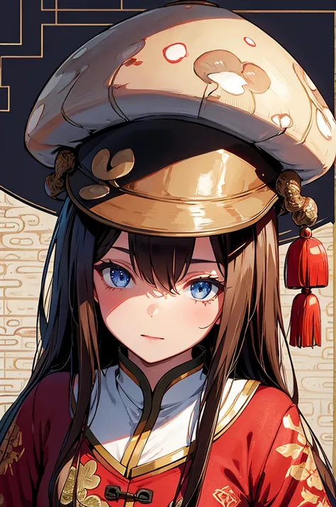 1 girl, brown hair, blue eyes, mushroom hat, wearing chinese outfit, high res, wall paper, ultra sharp, 8k, masterpiece, looking at viewer, zoomed in