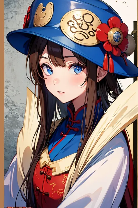 1 girl, brown hair, blue eyes, mushroom hat, wearing chinese outfit, high res, wall paper, ultra sharp, 8k, masterpiece, looking at viewer, zoomed in