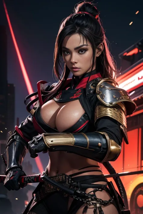 Beautiful Alluring Cyberpunk Samurai, pele nua, Well-toned athletic body, forma elegante, pele nua, Fora no Neon Palace, mal vestido, Beautiful Face, Smaurai-inspired bikini armor, mechanical limbs, segundo uma katana, Robotic parts on display, pele cromad...