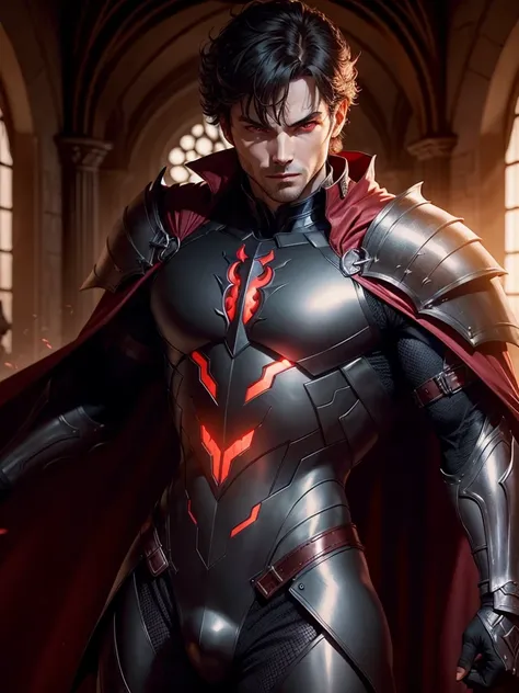 male focus, armored bodysuit, solo, vampire, menacing stance, cape, glowing red eyes, medieval castle interior, night, danger atmosphere, glance