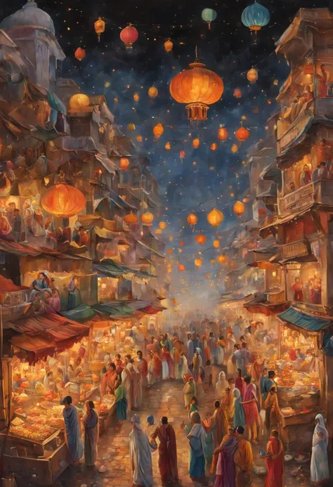 A vertical New Years scroll painting in Indian miniature style featuring a crowded bazaar in old Delhi with vendors selling flowers and sweets for the Diwali festival. Women in colorful saris light oil lamps and hang marigold garlands as fireworks burst in...