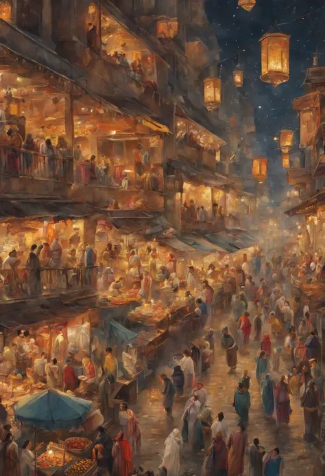 A vertical New Years scroll painting in Indian miniature style featuring a crowded bazaar in old Delhi with vendors selling flowers and sweets for the Diwali festival. Women in colorful saris light oil lamps and hang marigold garlands as fireworks burst in...