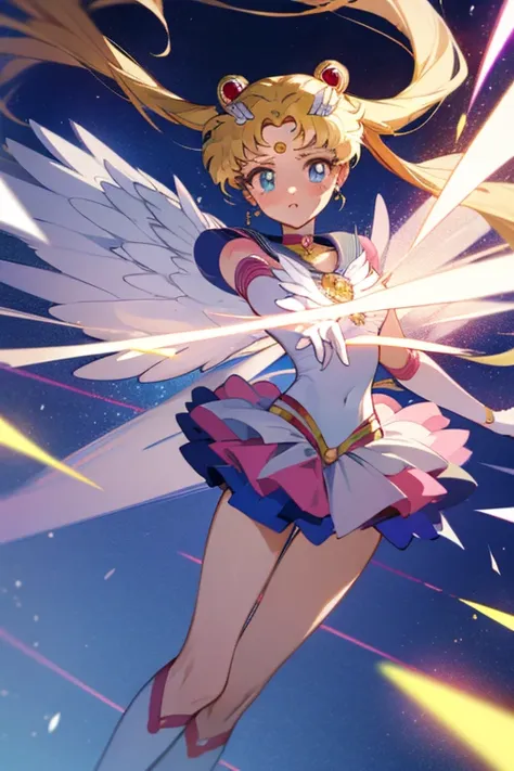 masterpiece,best quality,highly detailed,1girl,solo,blush, hologram,holographic body, dynamic pose,holographic dress, eternal sailor moon, disintegrate effect