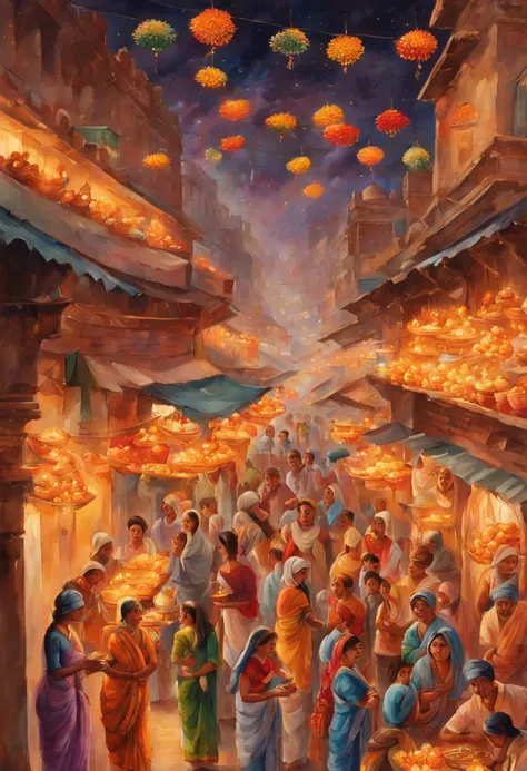 A vertical New Years scroll painting in Indian miniature style featuring a crowded bazaar in old Delhi with vendors selling flowers and sweets for the Diwali festival. Women in colorful saris light oil lamps and hang marigold garlands as fireworks burst in...