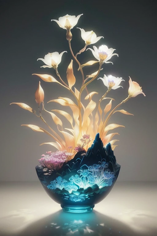 There is a vase on the table，There are flowers inside, mythical flower hill, Surreal Waiizi Flower, spinning glowing sea plants, glowing flower, glowing flower, Made from shiny wax and ceramic, Graphics of an enchanted terrarium, Glowing plants, I dream of...