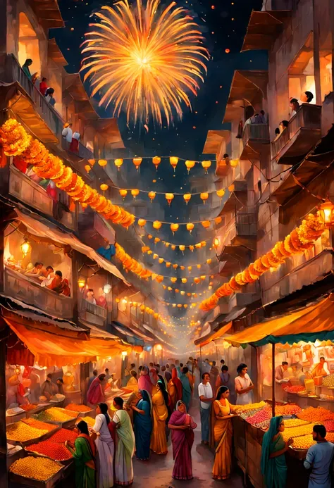 A vertical New Years scroll painting in Indian miniature style featuring a crowded bazaar in old Delhi with vendors selling flowers and sweets for the Diwali festival. Women in colorful saris light oil lamps and hang marigold garlands as fireworks burst in...