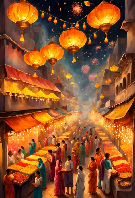 A vertical New Years scroll painting in Indian miniature style featuring a crowded bazaar in old Delhi with vendors selling flowers and sweets for the Diwali festival. Women in colorful saris light oil lamps and hang marigold garlands as fireworks burst in...