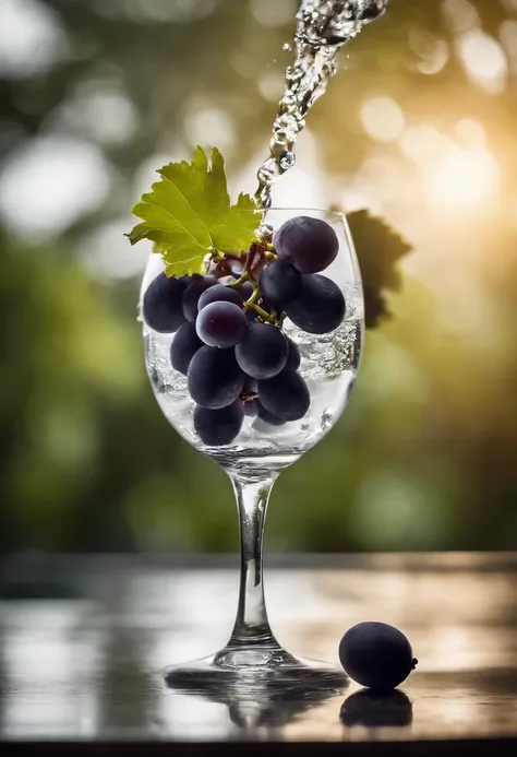 a creative shot of grapes being dropped into a glass of water, capturing the splash and movement as they submerge