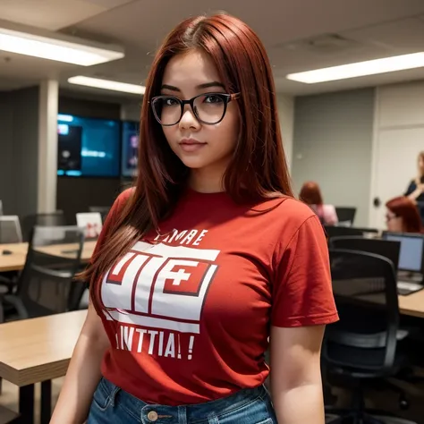 Generate images of a female character, aged 19 to 23, with a slightly overweight build, wearing rectangular glasses and a red hair AI-related stamped shirt/top. Ensure she displays expressions of excitement, surprise, and curiosity while maintaining a rela...