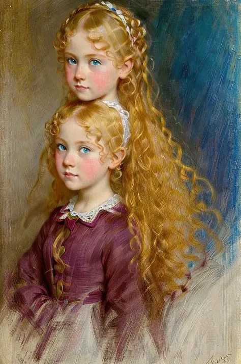 portrait of a little girl with big blue eyes and curly blonde hair in the Victorian style