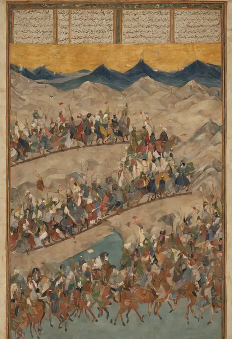 A long horizontal New Years scroll painting in medieval Persian style showing a royal procession on horseback traveling to the palace for Nowruz celebrations. Soldiers carrying banners lead the Shah and his entourage over a bridge decorated with lanterns t...