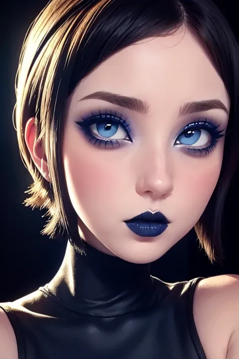 beautiful face short hair moe style blue eyes pale skin gothic makeup, labios voluminosos nariz fina,  cuerpo esbelto extra gran...