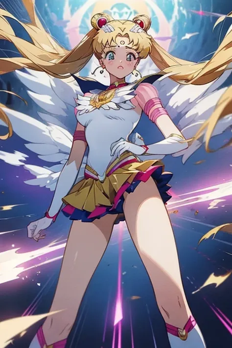 masterpiece,best quality,highly detailed,1girl,solo,blush, hologram,holographic body, dynamic pose,holographic dress, eternal sailor moon, disintegrate effect, from below, big breast, wind blowing, torn clothes