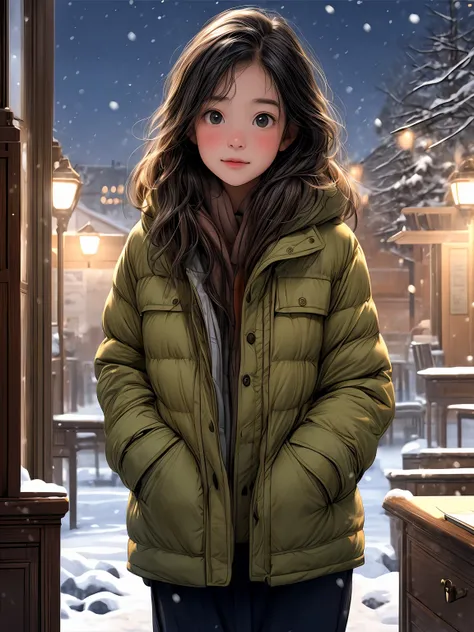 a girl studying in front of the desk, at night , hard-working , in the winter , snowy outside,wearing a cotton-padded jacket, in the style of hyper - realistic town, whimsical beauty, soft brushstroke realism, flat yet expressive, realistic paintings, stro...