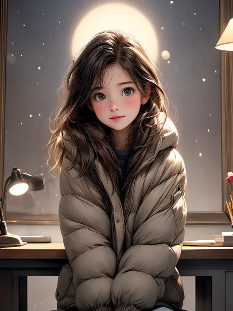 a girl studying in front of the desk, at night , hard-working , in the winter , snowy outside,wearing a cotton-padded jacket, in the style of hyper - realistic town, whimsical beauty, soft brushstroke realism, flat yet expressive, realistic paintings, stro...