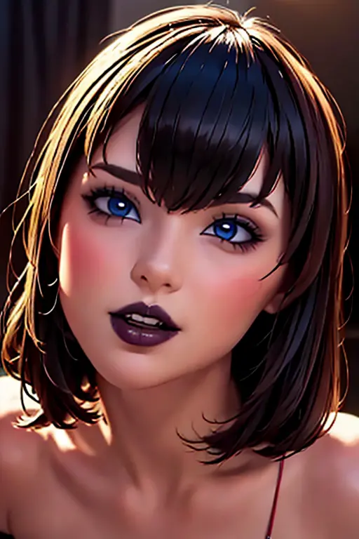 fine detailed face, perfect blue eyes, pale skin, gothic makeup, short hair with bob style bangs, thick lips and open mouth show...