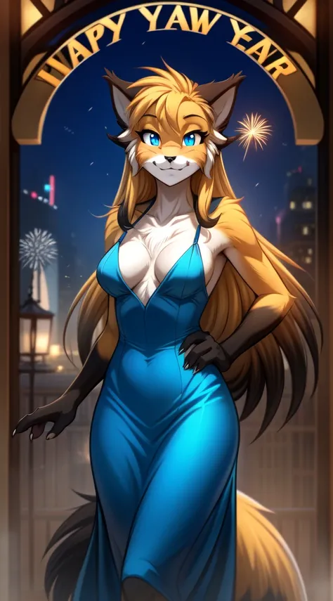 mike-twokinds, mike, twokinds, by tom_fischbach,, (best quality, masterpiece:1), solo, furry female anthro, blue eyes,long hair, black tip yellow hair, fingers, finger claws, looking at viewer, Fox tail, small boobs, in a New Year&#39;s dress