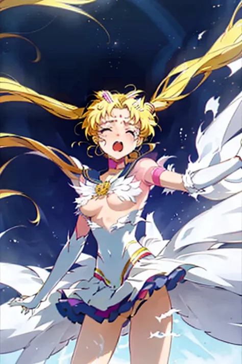 masterpiece,best quality,highly detailed,1girl,solo,blush, hologram,holographic body, dynamic pose,holographic dress, eternal sailor moon, disintegrate effect, from below, big breast, wind blowing, torn clothes, tearing clothes, closed eyes, screaming, til...