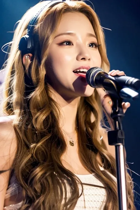 girl, k-pop star, singing, long curly blonde hair