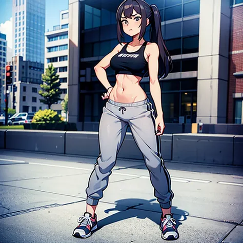 Sexy woman, sports bra, grey sweatpants, pants falling down, showing panties, sneakers, outside, full body, crowded city, embarassed, shy, sexy, standing