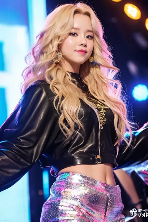 girl, k-pop star, dancing, long curly blonde hair