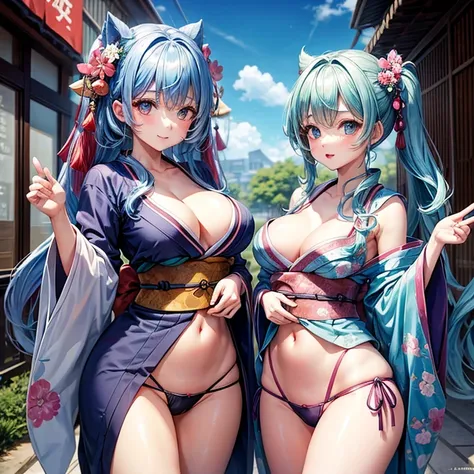 one girl,kawaii、Beautiful eyes、kimono、Transverse breasts、Open legs、blue hairs、Twin-tailed