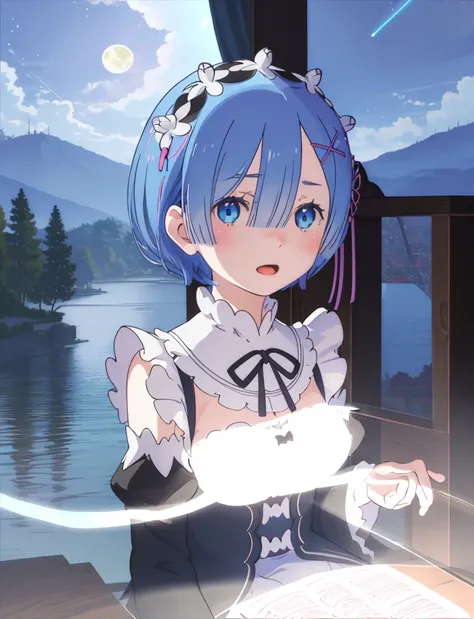 best quality, masterpiece, phRem, 1girl, blue hair, solo, maid, roswaal mansion maid uniform, looking at viewer, outdoors, open mouth, anime coloring, maid headdress, upper body, cloud, sky, parody, day, black ribbon, detached sleeves, blush, highres, high...