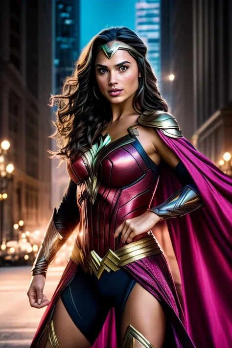 Un primer plano de una mujer disfrazada con capa, portrait of Mujer Maravilla, Mujer Maravilla, dressed as Mujer Maravilla, gal gadot as Mujer Maravilla, superhero portrait, margot robbie as Mujer Maravilla, Pintura sexy de Gal Gadot, Retrato de Gal Gadot,...