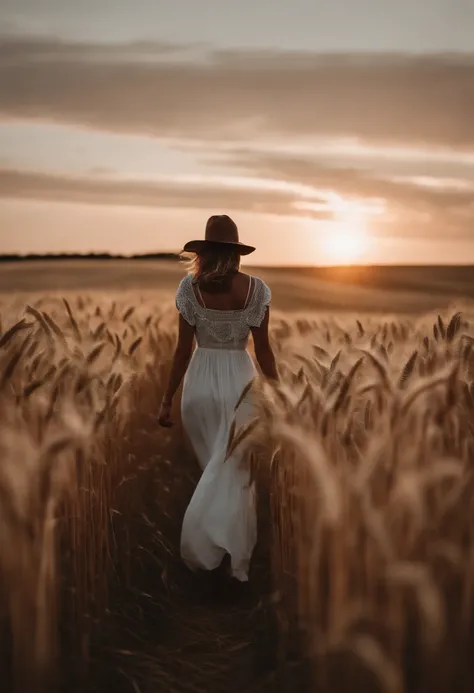 a lifestyle shot of a person walking through a wheat field, surrounded by the tall stalks, capturing the sense of being immersed in the beauty of nature