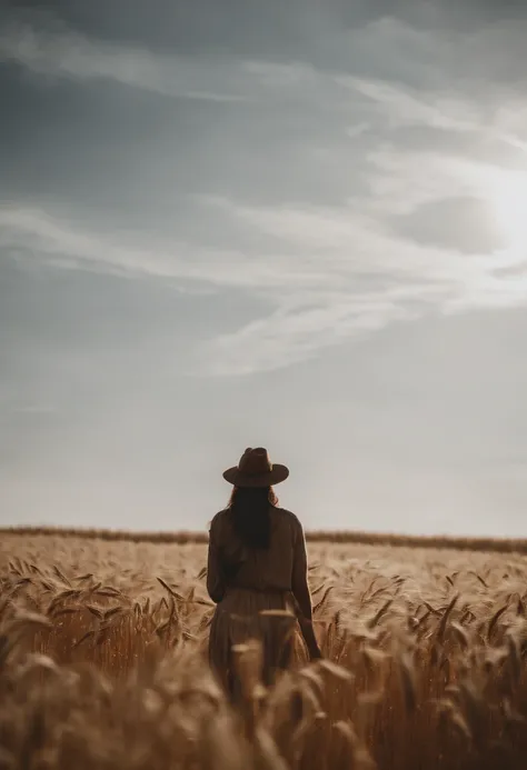 a lifestyle shot of a person walking through a wheat field, surrounded by the tall stalks, capturing the sense of being immersed in the beauty of nature