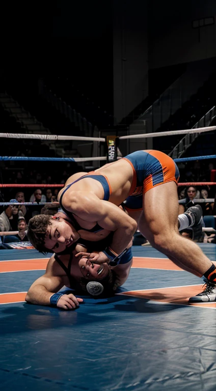 An advertising banner for men wrestling that some guys are doing wrestling in picture in an dark blue and orange mat