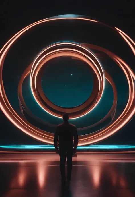 a minimalistic shot of the neon planet and its rings in a symmetrical composition, emphasizing the sleek and futuristic aesthetic of the scene