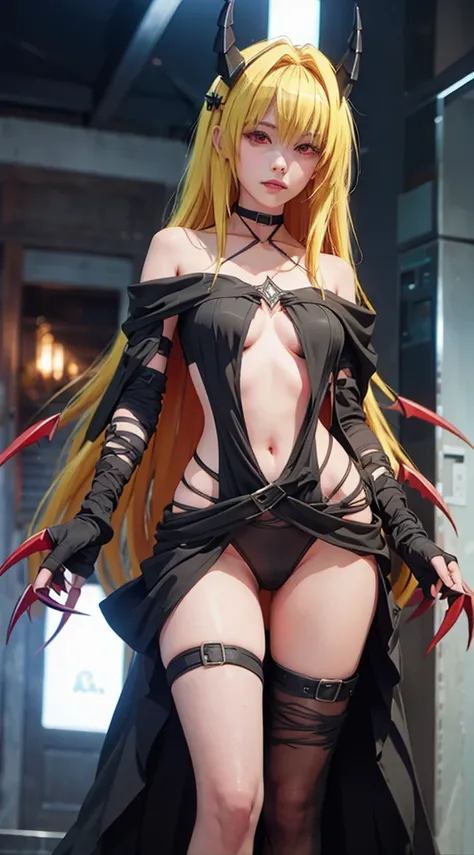 DarknessLora, blonde hair, red eyes, very long hair, horns, claws, choker, hair intakes, bare shoulders, revealing clothes, navel, Thong, ((nude:1))