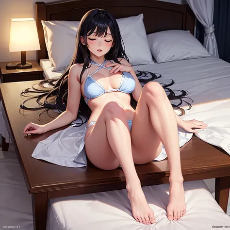 Sleeping Girl， realisticlying， best qualtiy， （（（（Light costume））））， full body Esbian， （Large breasts）， Twinkle， （20yr old）， （（White thong： 1.5））， （（（Chest dew： 1.5））））， （（Lie down in bed： 1.5））））， （（（Opening legs： 1.8）），Correct limbs，Perfect limbs