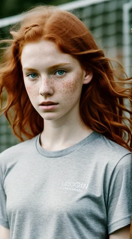 1girl in, age14, Solo, Aesthetic artwork, irish  redhead, wavy ginger hair, shoulder length ginger hair, gray eyes, light grey eyes, some small freckles, pale skin, small breasts, runners body, fullbody shot, perfect tense, (textured skin, skin pores:1.1),...