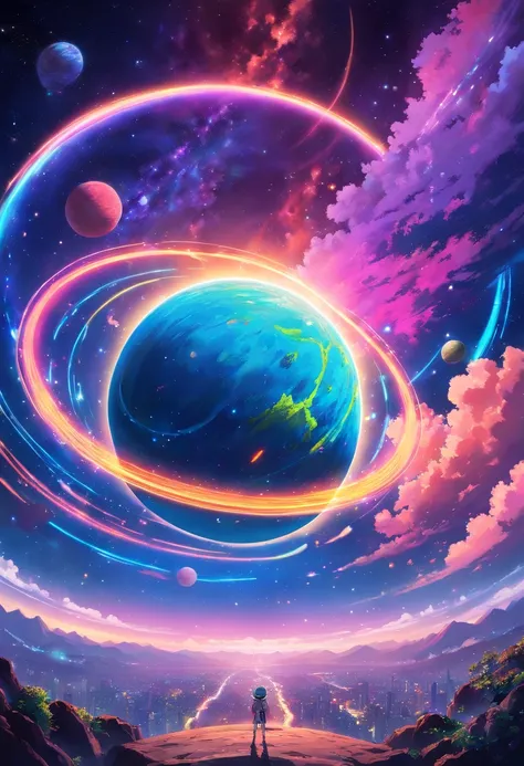 a wide-angle shot of a neon planet with rings, set against a backdrop of stars and nebulae, creating a stunning futuristic space vista